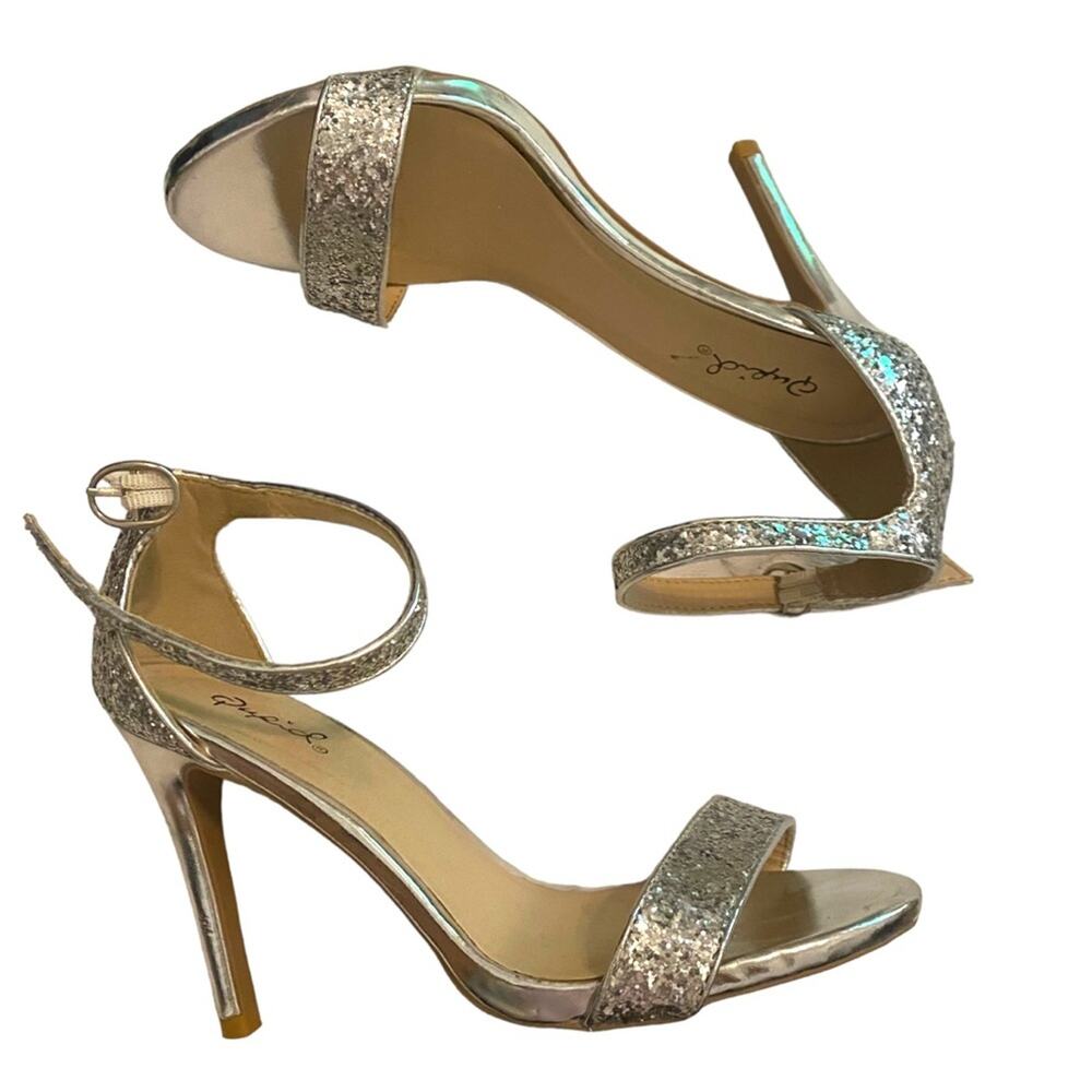 Women's Sz 6 Silver Glitter Glitzy Party Strappy 4" High Heels with FREE Gift